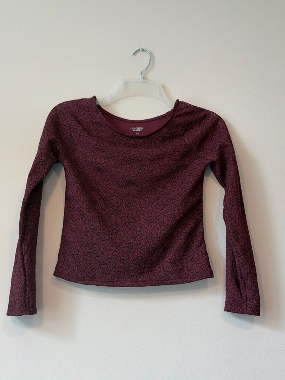 Girls' Long-Sleeve Crewneck Top - Burgundy Floral Texture